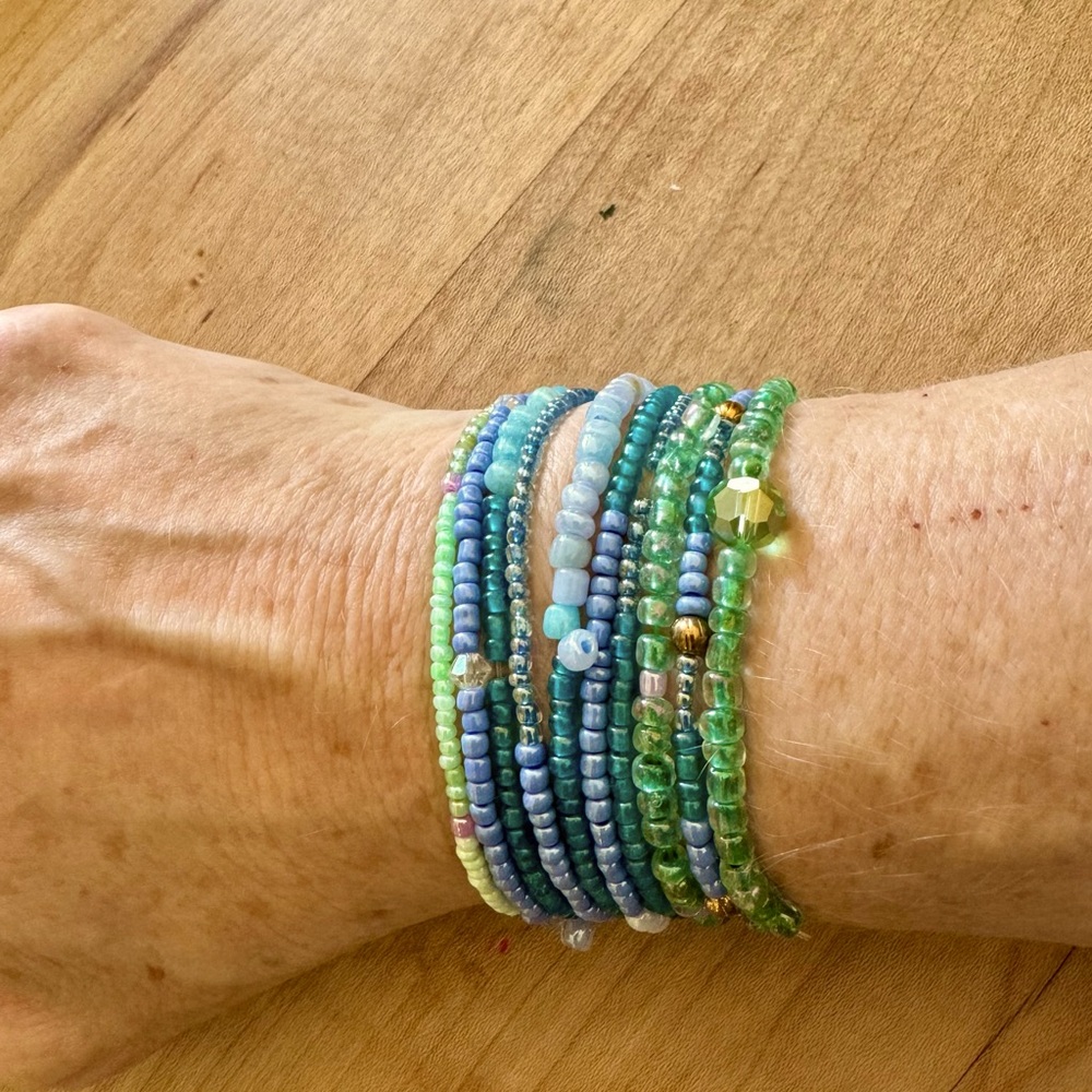 10 elastic beaded bracelet sold as set. 💕🌟made by 10 yo for school $.🌟💕